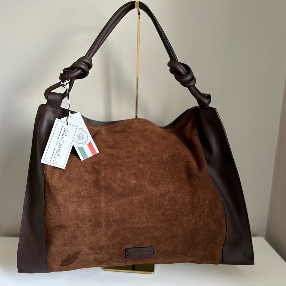 VIOLA CASTELLANI Made In Italy Suede Large Square Hobo Bag With Knot Tube Handle